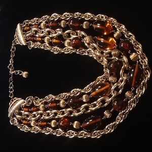 Vintage amber glass beaded multi strand necklace gold tone like ner